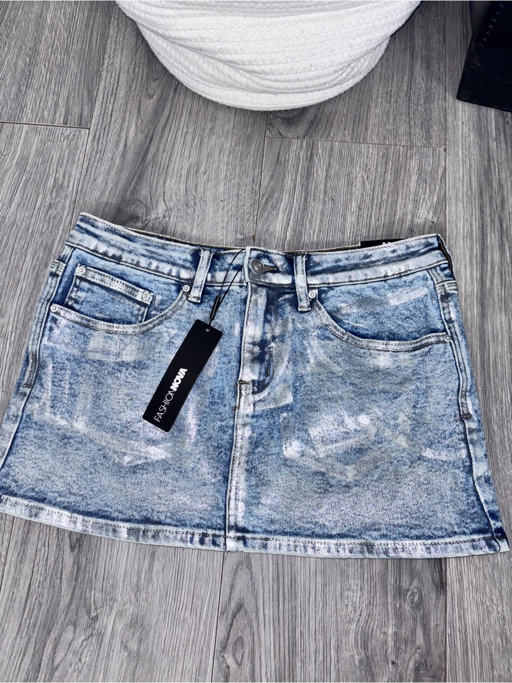 Fashion Nova Blue Acid Wash Denim Mini Skirt/ metallic and shiny!